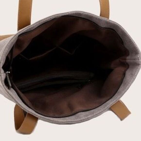 New Boho Canvas grey tan color block vegan leather mini backpack - Picture 3 of 11